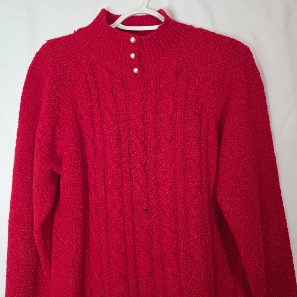 Vintage Red Cable Knit Pearl Button Sweater Women's Medium Cozy Retro Knit